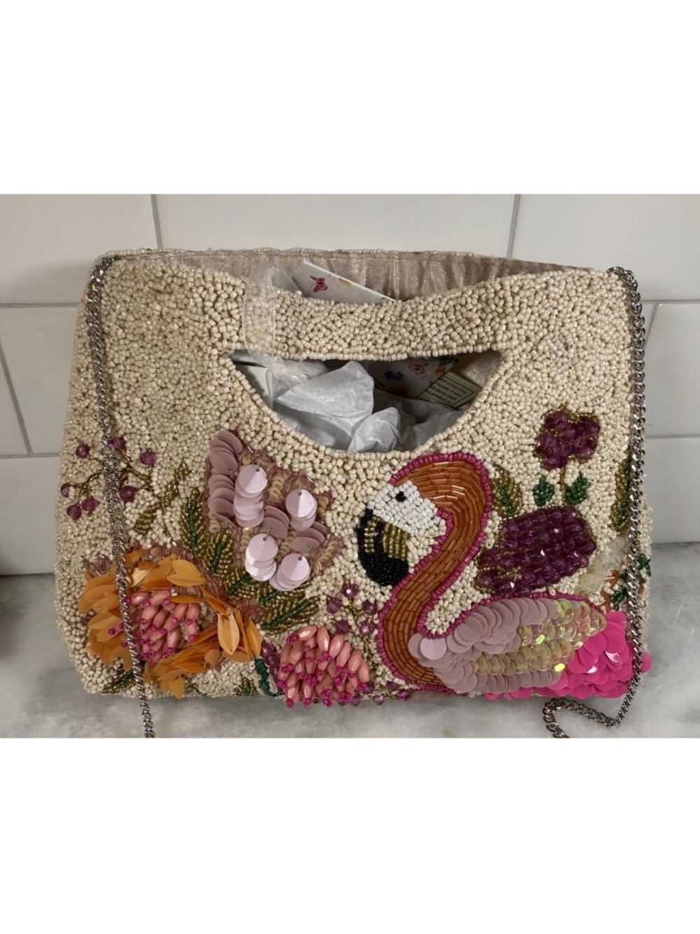NEW Handcrafted in India Flamingo Tropical Flowers Beaded Sequin Clutch Bag NWT